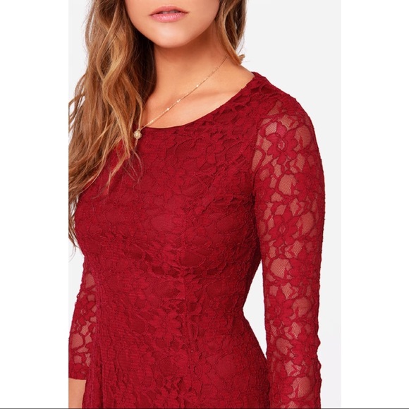 Lulu's Fine & Dine Wine Red Lace Long Sleeve Dress Size Medium - Picture 12 of 12